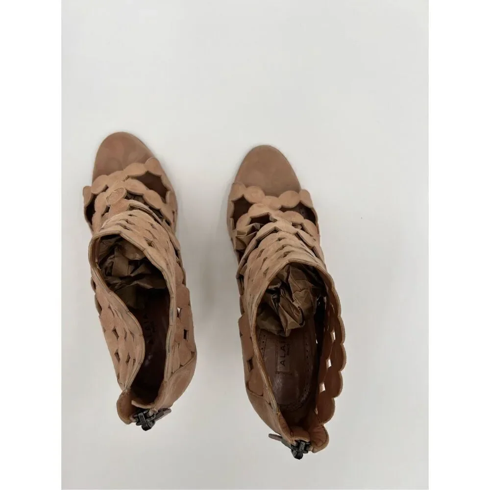 Alaia Paris Laser Cut Suede Booties Sandals Heels Nude Made in Italy 37.5